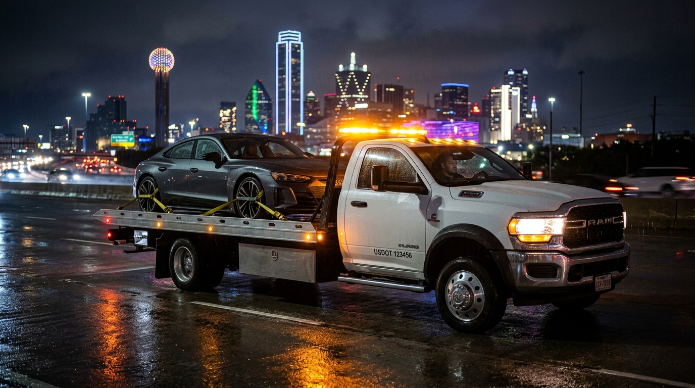 Emergency flatbed tow truck with amber strobe lights on wet Dallas highway at night with skyline background